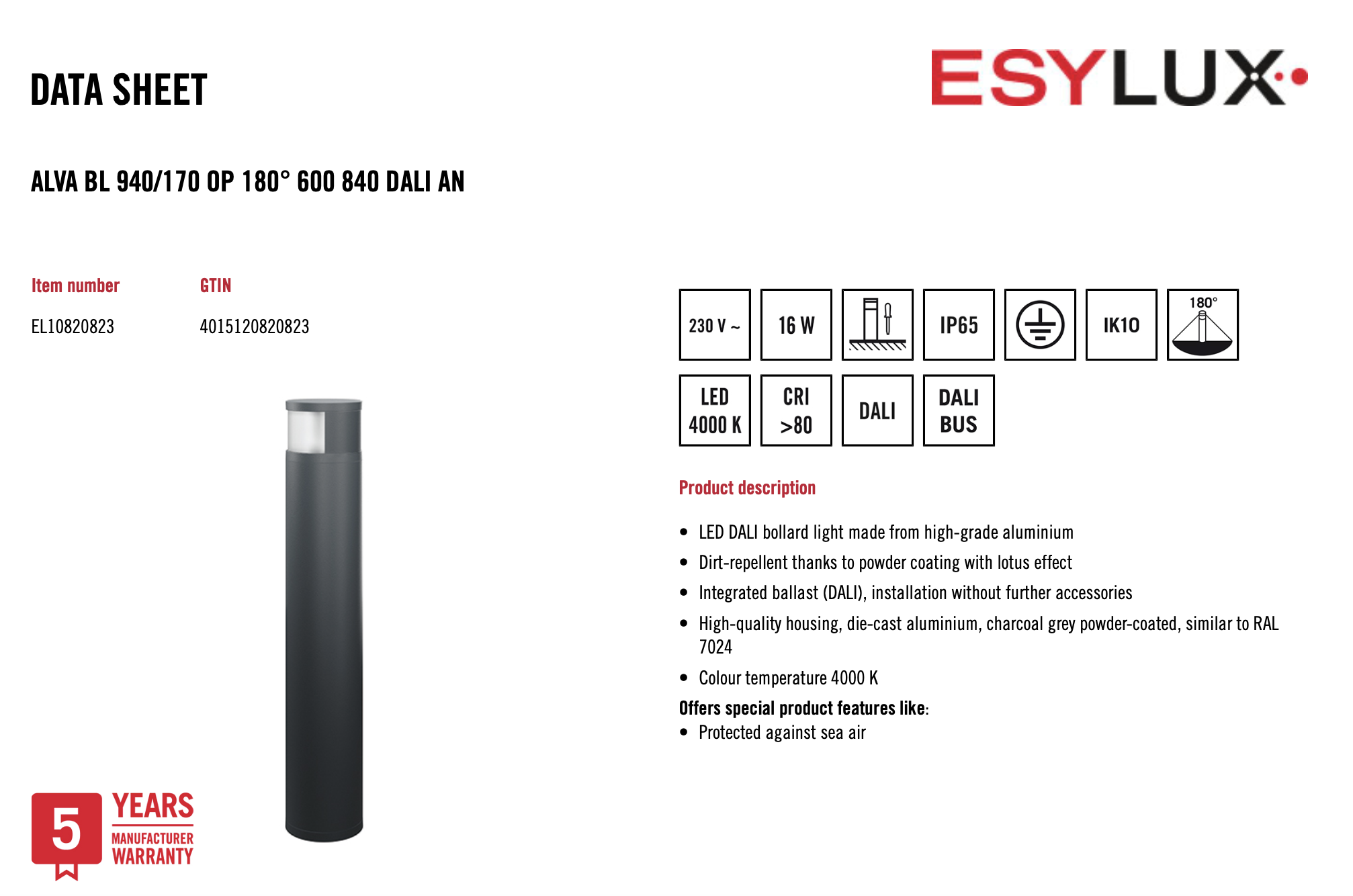 Esylux EL10820823 燈柱 ALVA BL 940/170 OP 180° 600 840 DALI AN
