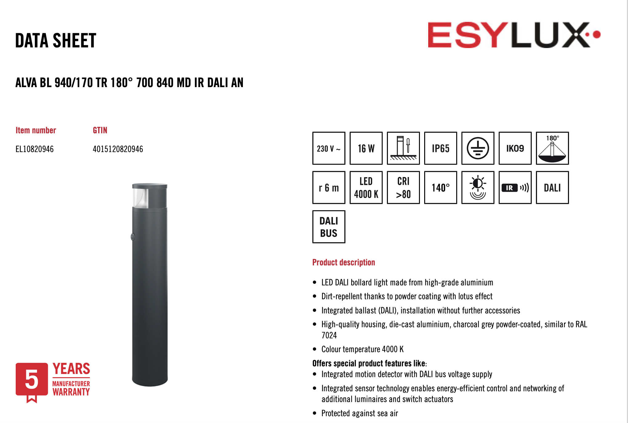 Esylux EL10820946 燈柱 ALVA BL 940/170 TR 180° 700 840 MD IR DALI AN