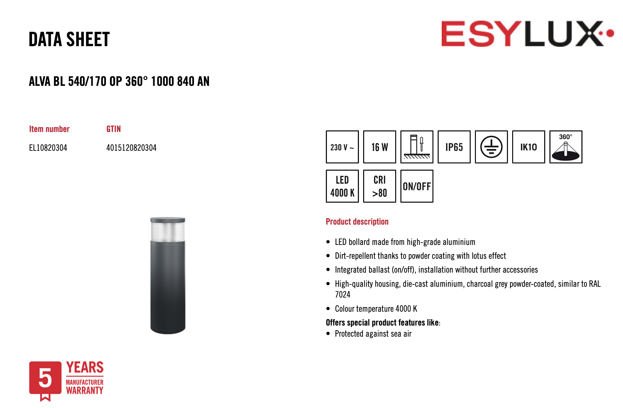 Esylux EL10820304 燈柱 ALVA BL 540/170 OP 360° 1000 840 AN