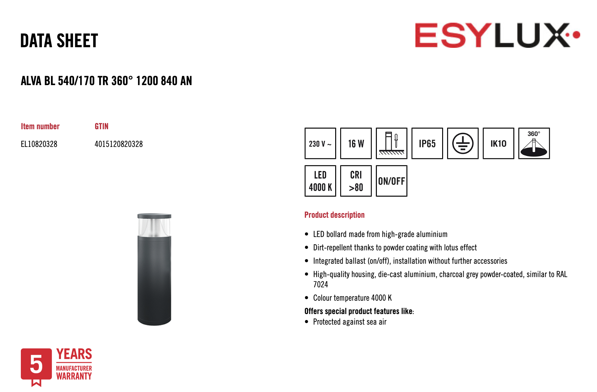 Esylux EL10820328 燈柱 ALVA BL 540/170 TR 360° 1200 840 AN