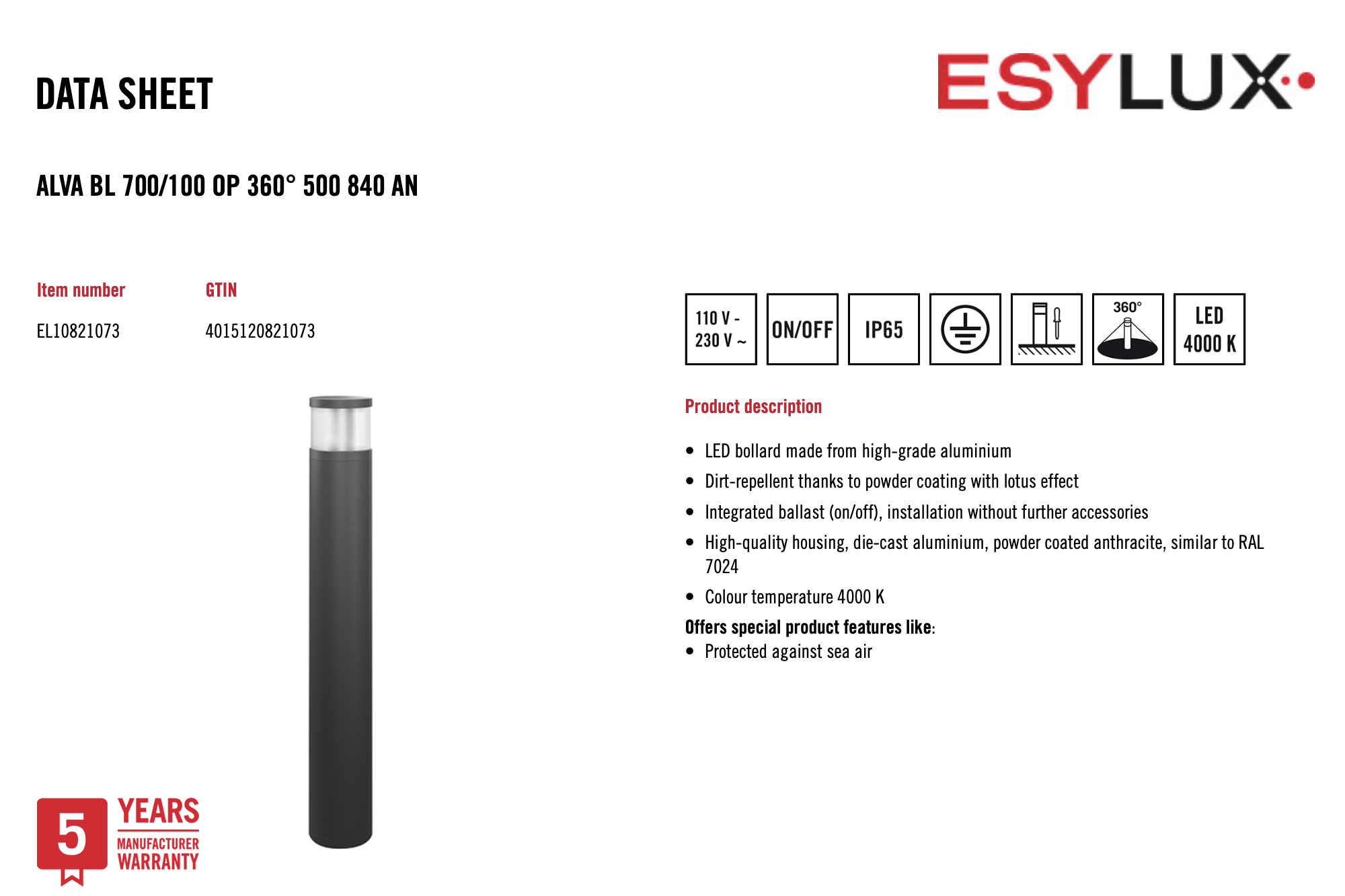 Esylux EL10821073 燈柱 ALVA BL 700/100 OP 360° 500 840 AN