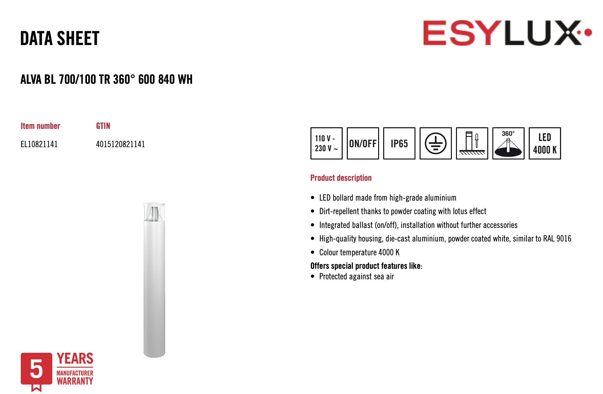 Esylux EL10821141 燈柱 ALVA BL 700/100 TR 360° 600 840 WH