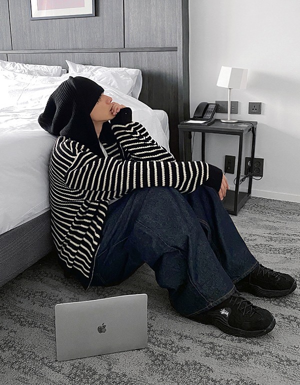 忍者袖條紋連帽拉鍊外套