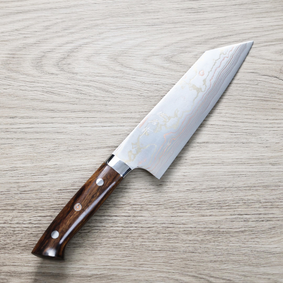 佐治武士 文化刀 180mm 青紙鋼 有色大馬士革 沙漠鐵木柄