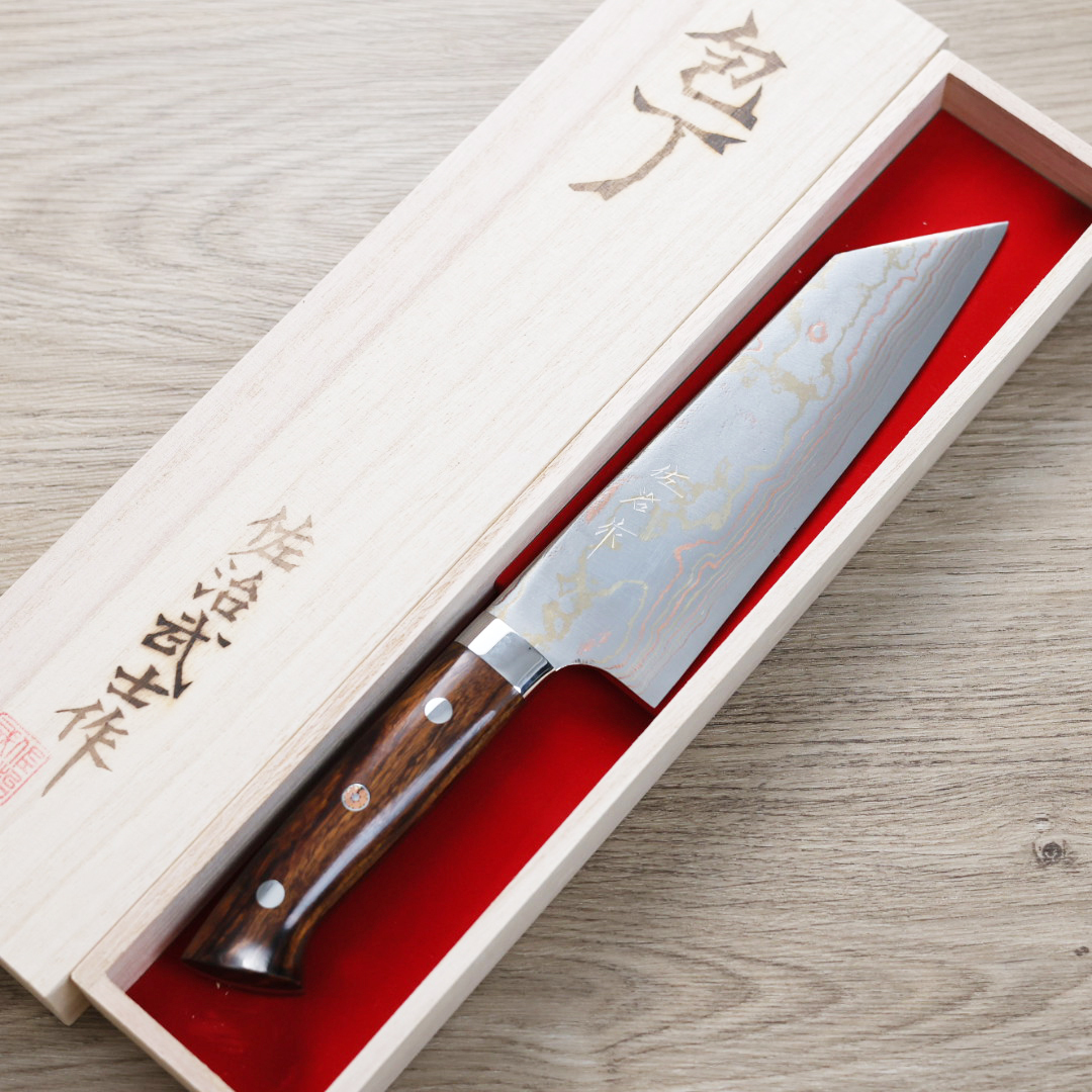 佐治武士 文化刀 180mm 青紙鋼 有色大馬士革 沙漠鐵木柄