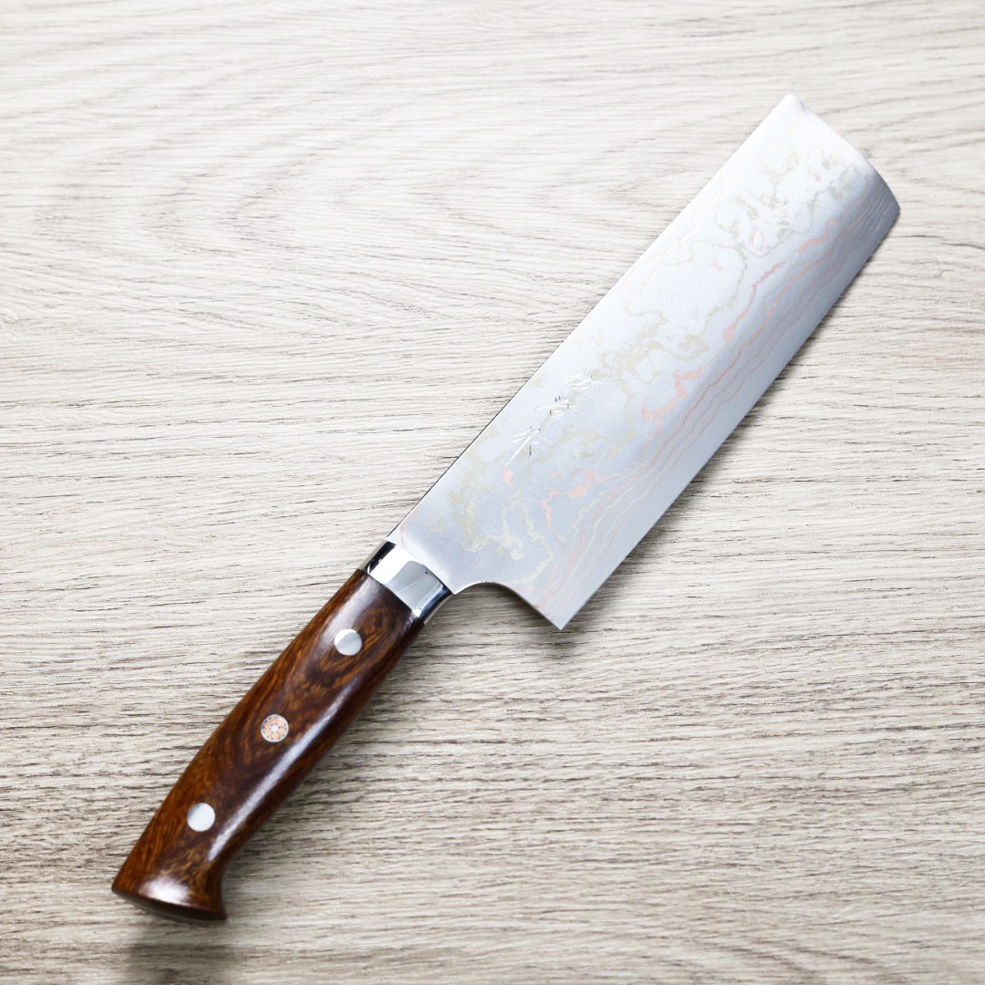 佐治武士 菜切 170mm 青紙鋼 有色大馬士革 沙漠鐵木柄