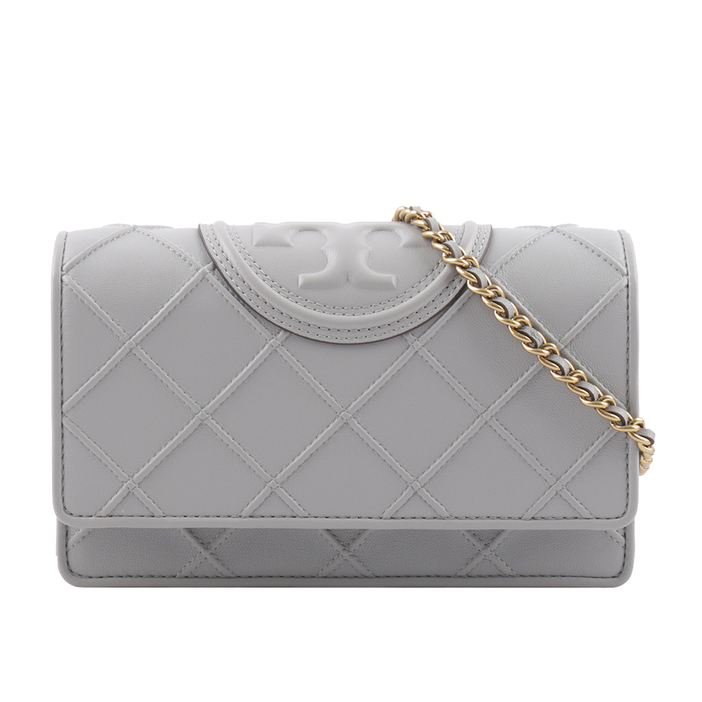 【Tory Burch】Fleming 菱格紋皮革皮夾式鍊包(海灣灰)