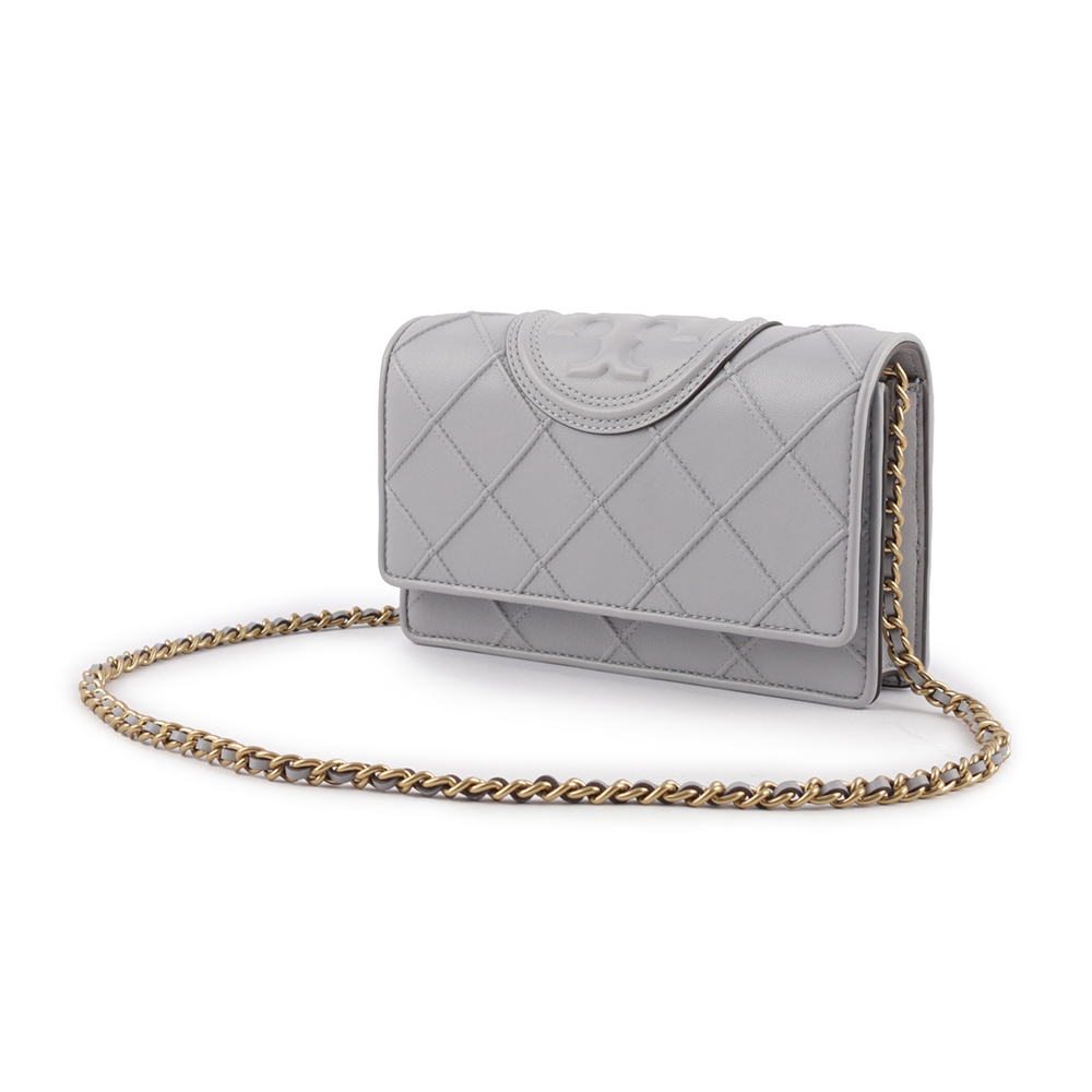 【TORY BURCH】Fleming 菱格紋皮革皮夾式鍊包(海灣灰) 138853 029