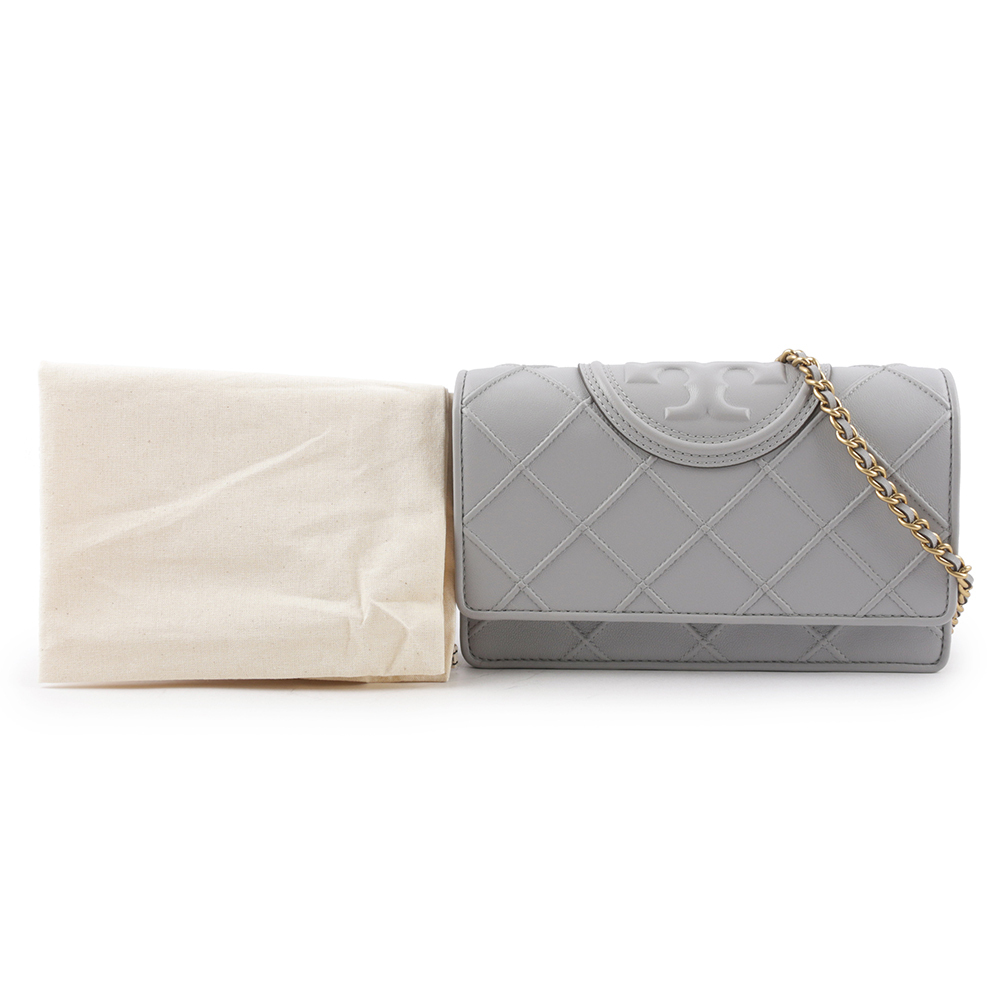 【TORY BURCH】Fleming 菱格紋皮革皮夾式鍊包(海灣灰) 138853 029