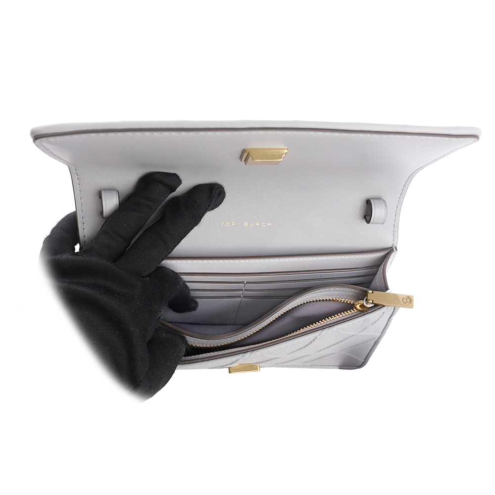 【TORY BURCH】Fleming 菱格紋皮革皮夾式鍊包(海灣灰) 138853 029