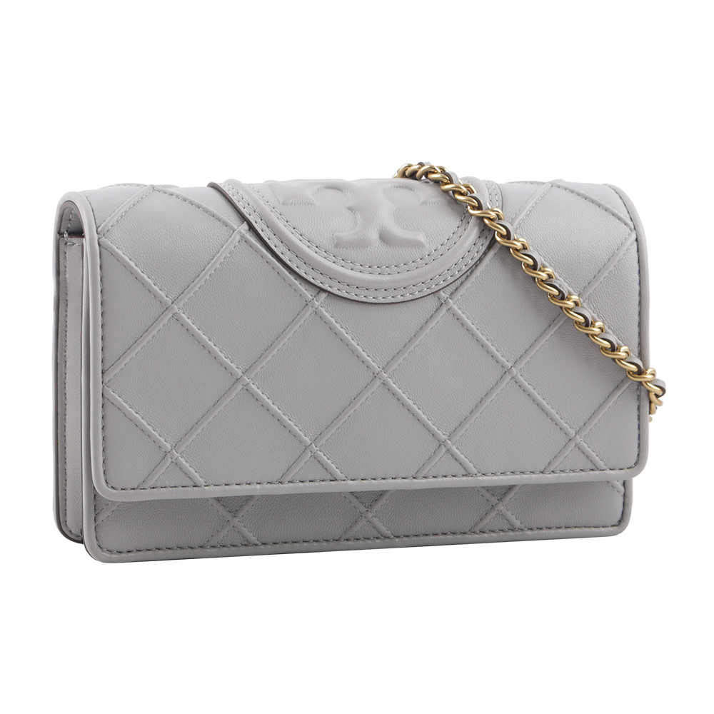 【TORY BURCH】Fleming 菱格紋皮革皮夾式鍊包(海灣灰) 138853 029