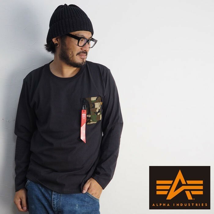 日版 ALPHA PRINT T A-MARK 黑 迷彩 口袋 TC1129-001 長T