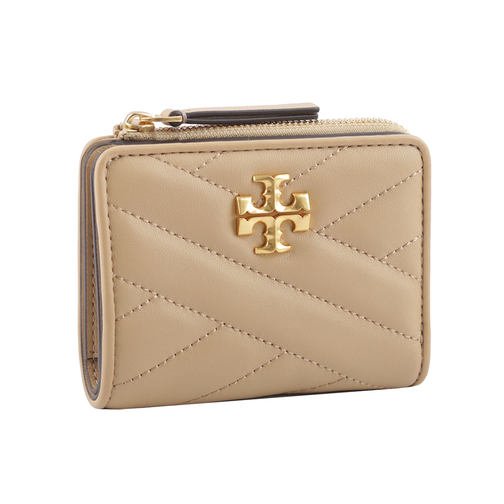 【Tory Burch】Kira 縫線設計暗釦拉鍊零錢袋短夾(沙漠色)