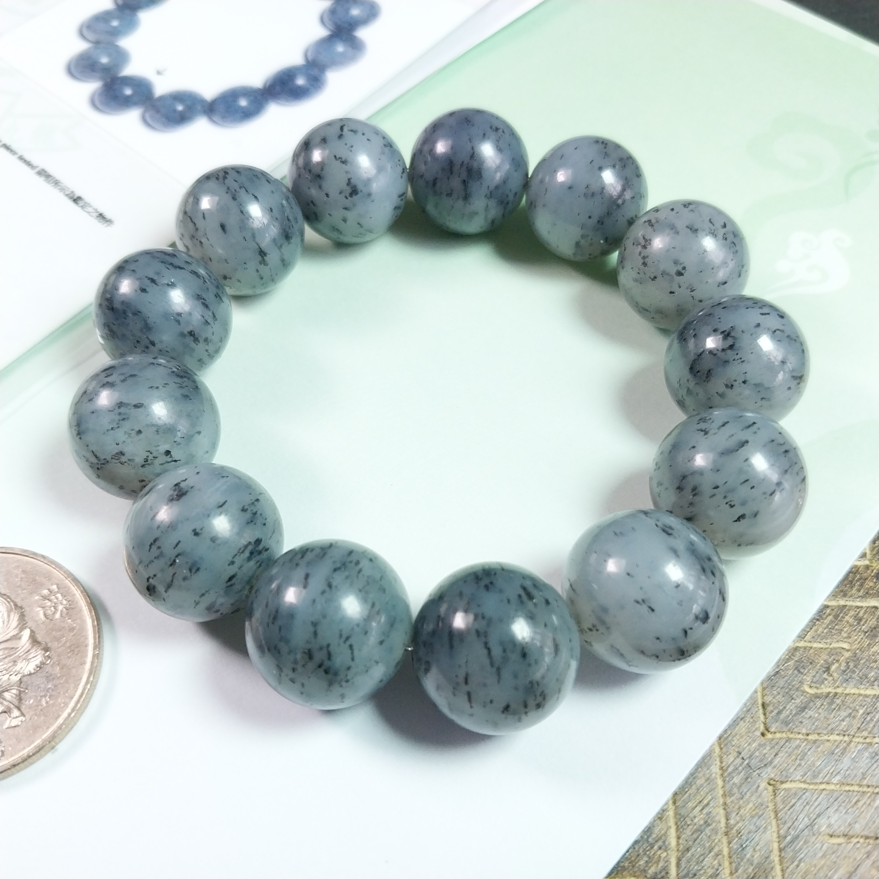 和田玉點墨青花手串 (16mm直徑),天然和田玉軟玉