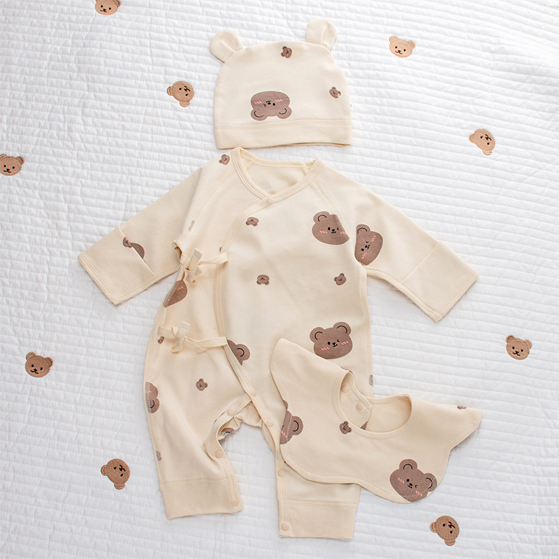 [ 3件組 ] 米色滿印熊 長袖連身衣