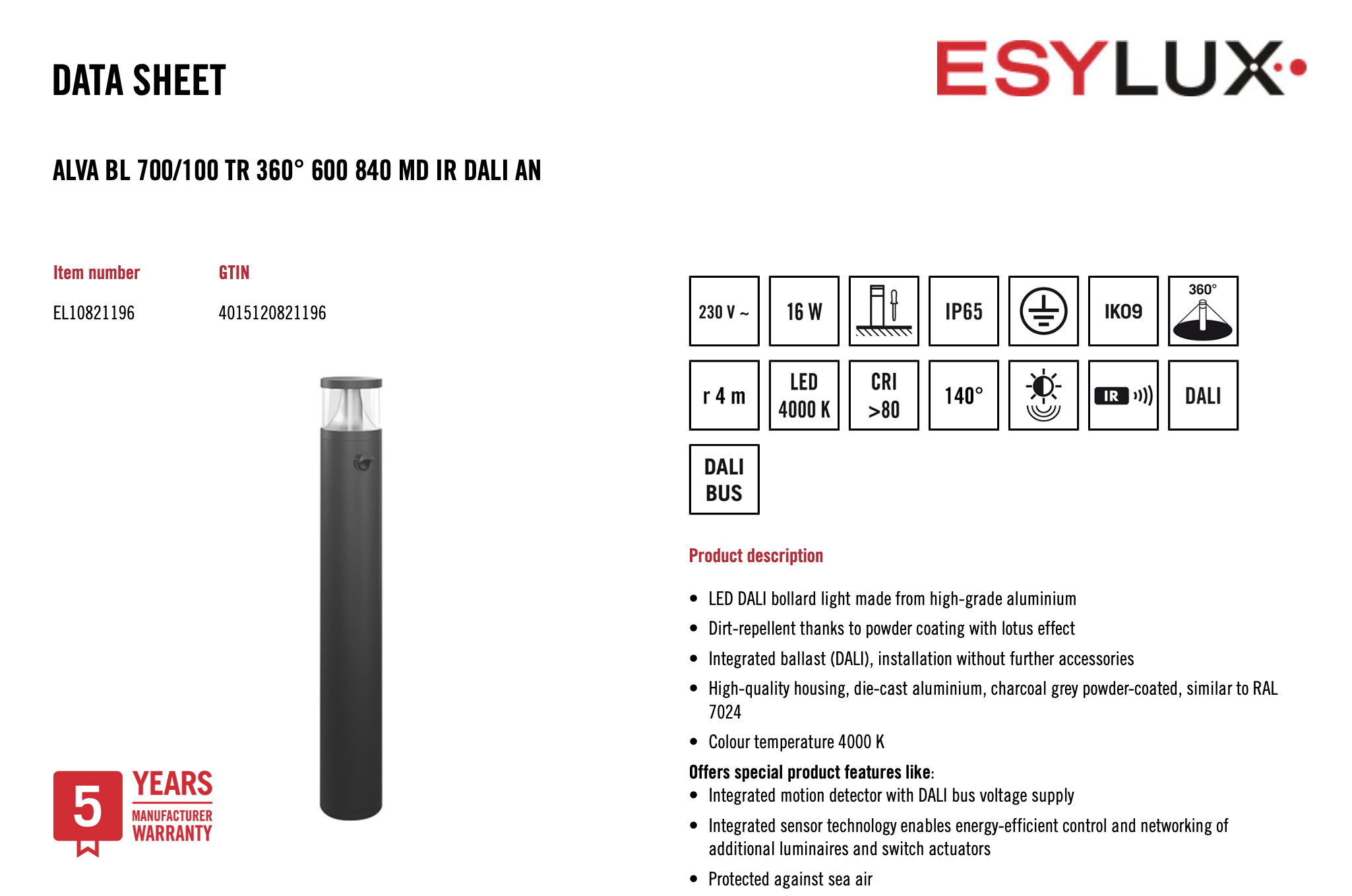 Esylux EL10821196 燈柱 ALVA BL 700/100 TR 360° 600 840 MD IR DALI AN