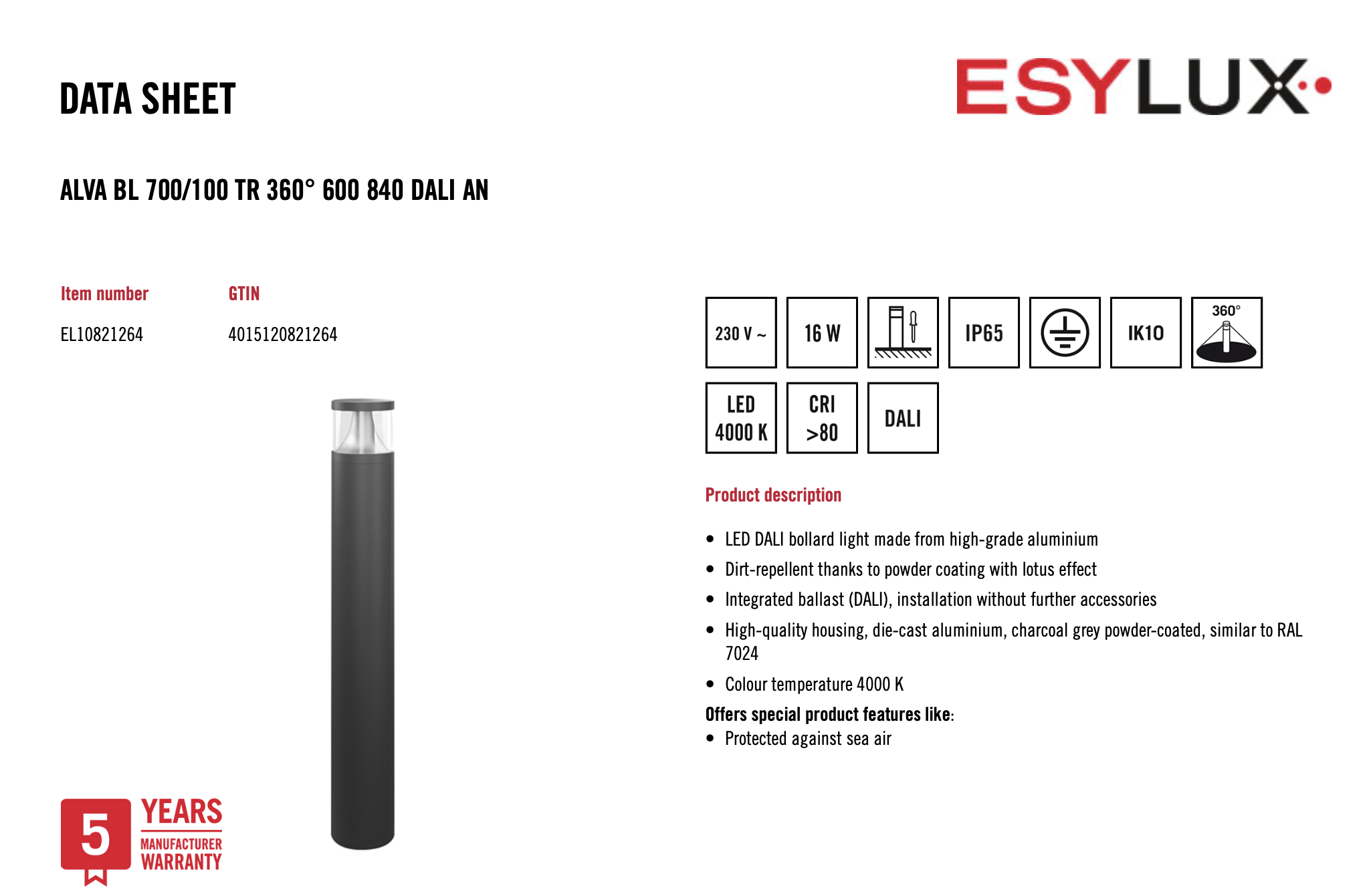 Esylux EL10821264 燈柱 ALVA BL 700/100 TR 360° 600 840 DALI AN