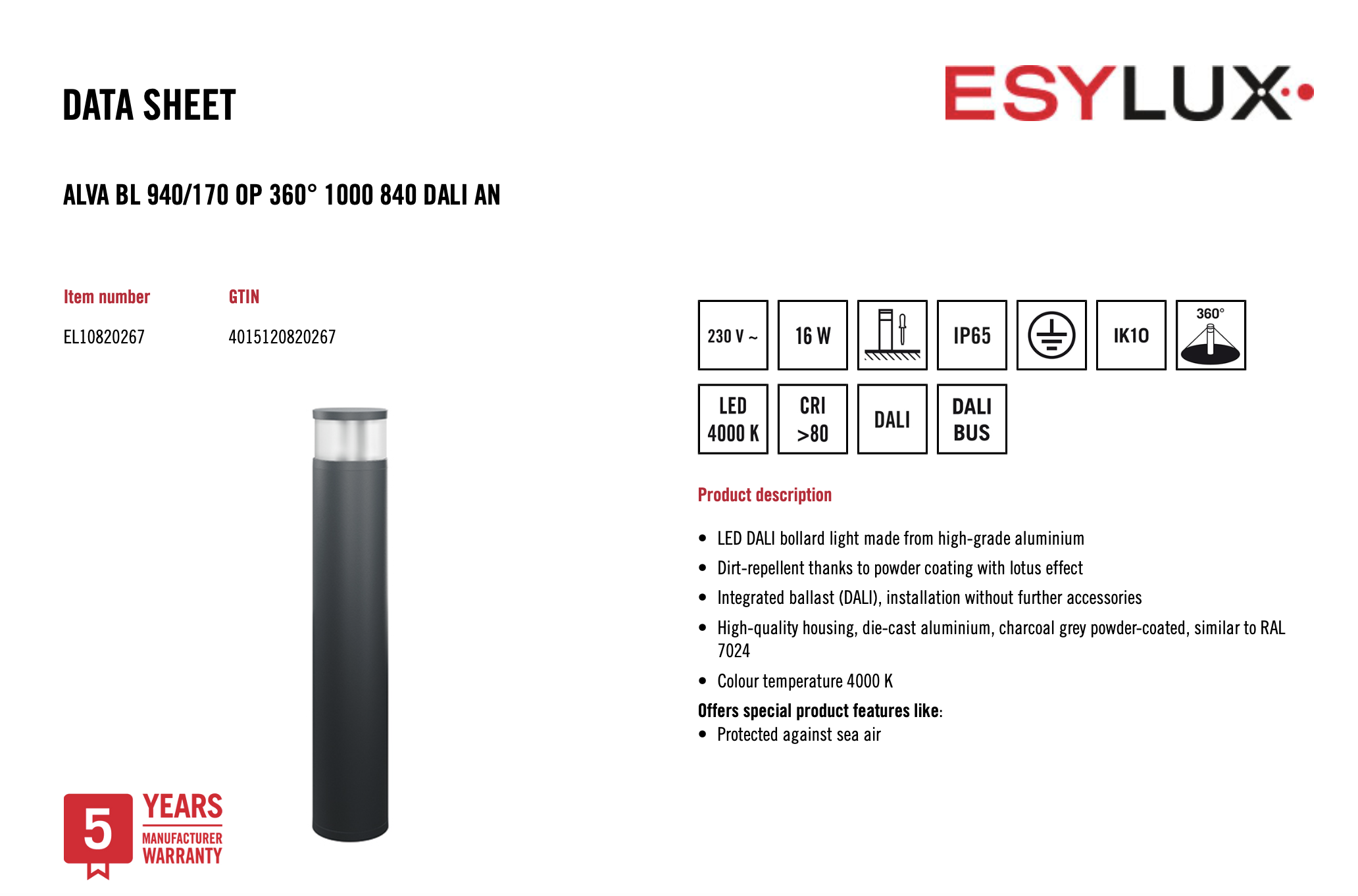 Esylux EL10820267 燈柱 ALVA BL 940/170 OP 360° 1000 840 DALI AN