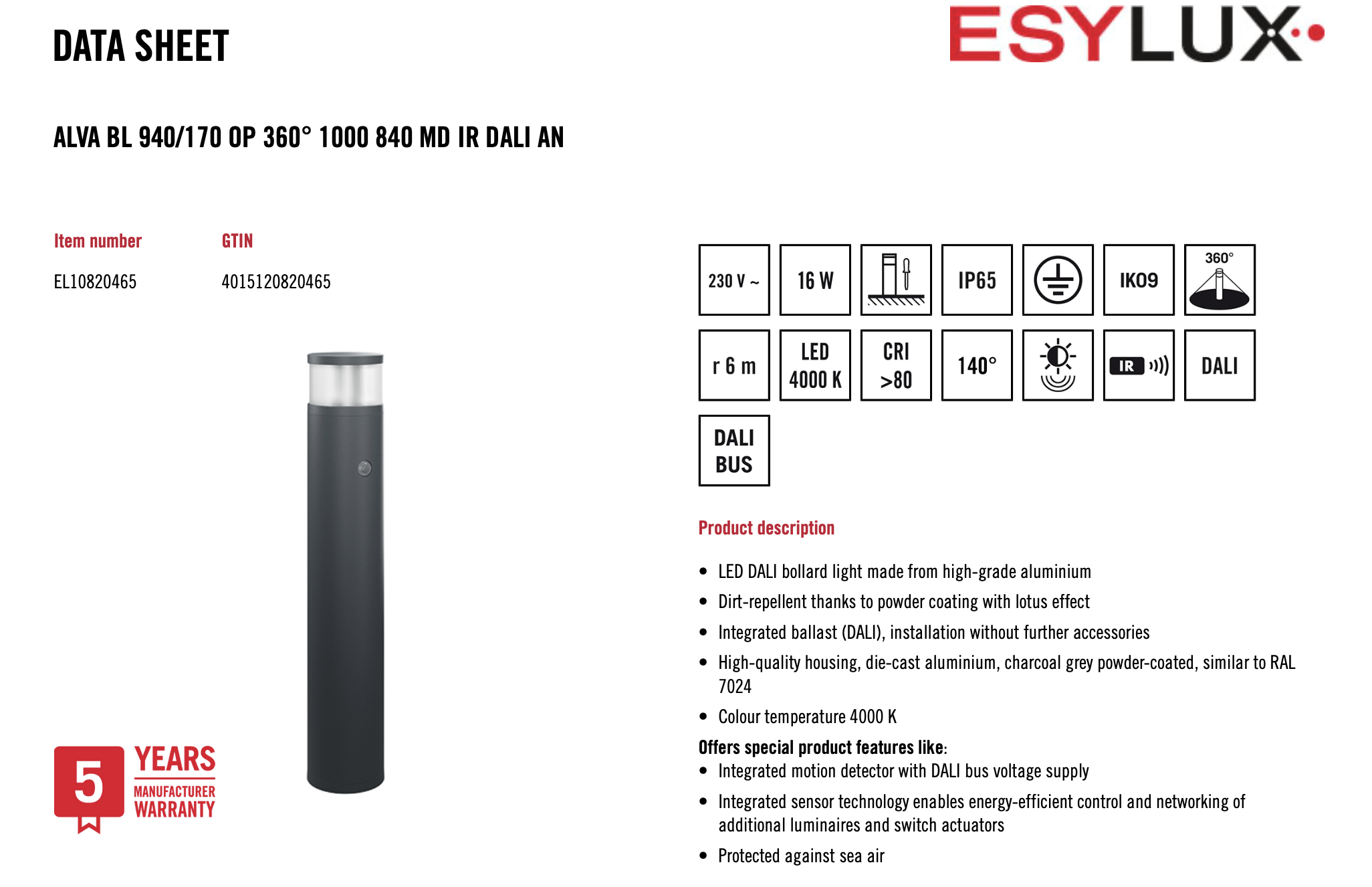 Esylux EL10820465 燈柱 ALVA BL 940/170 OP 360° 1000 840 MD IR DALI AN