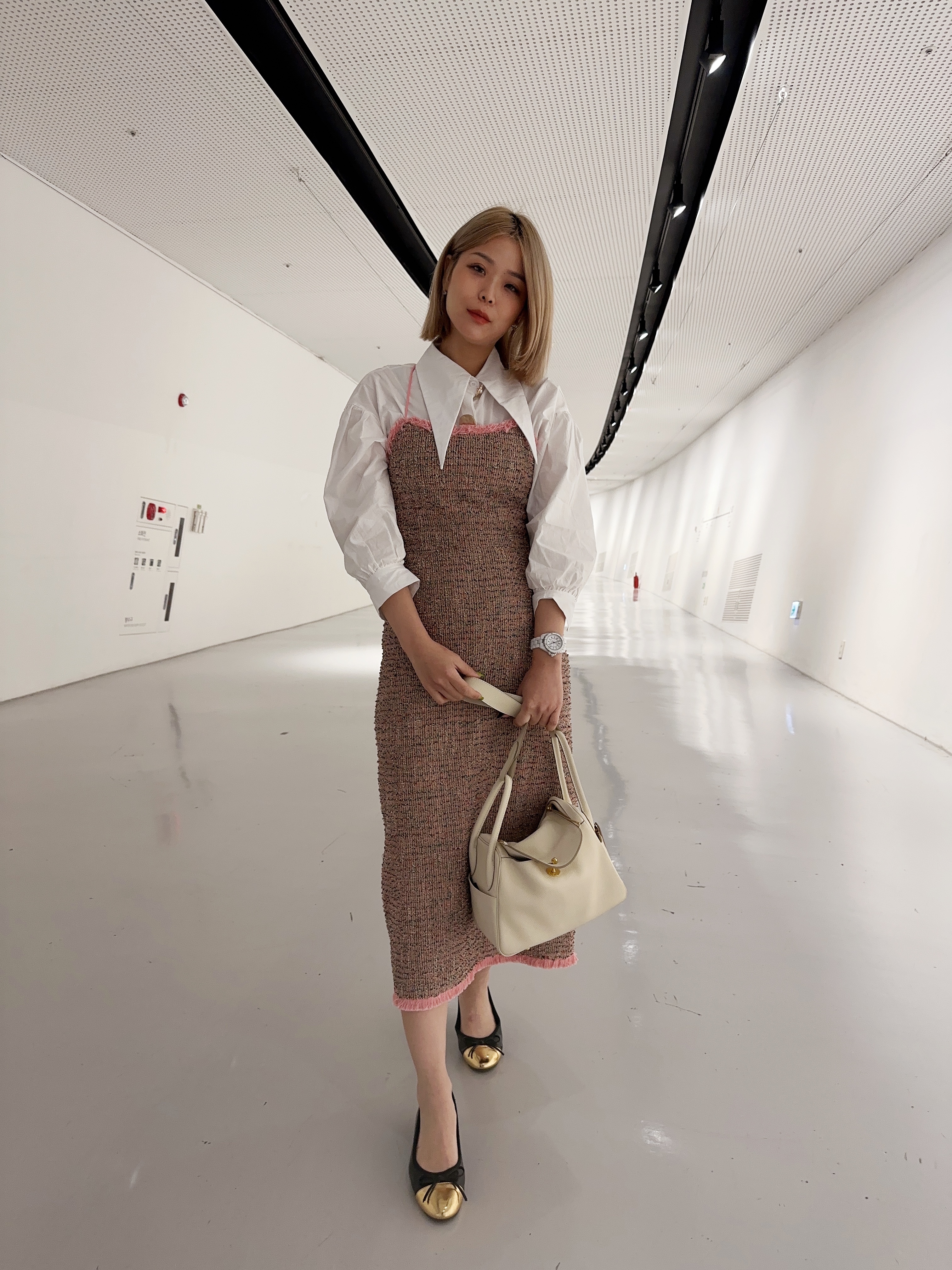 粗花尼小香混色長洋裝(粉/杏)