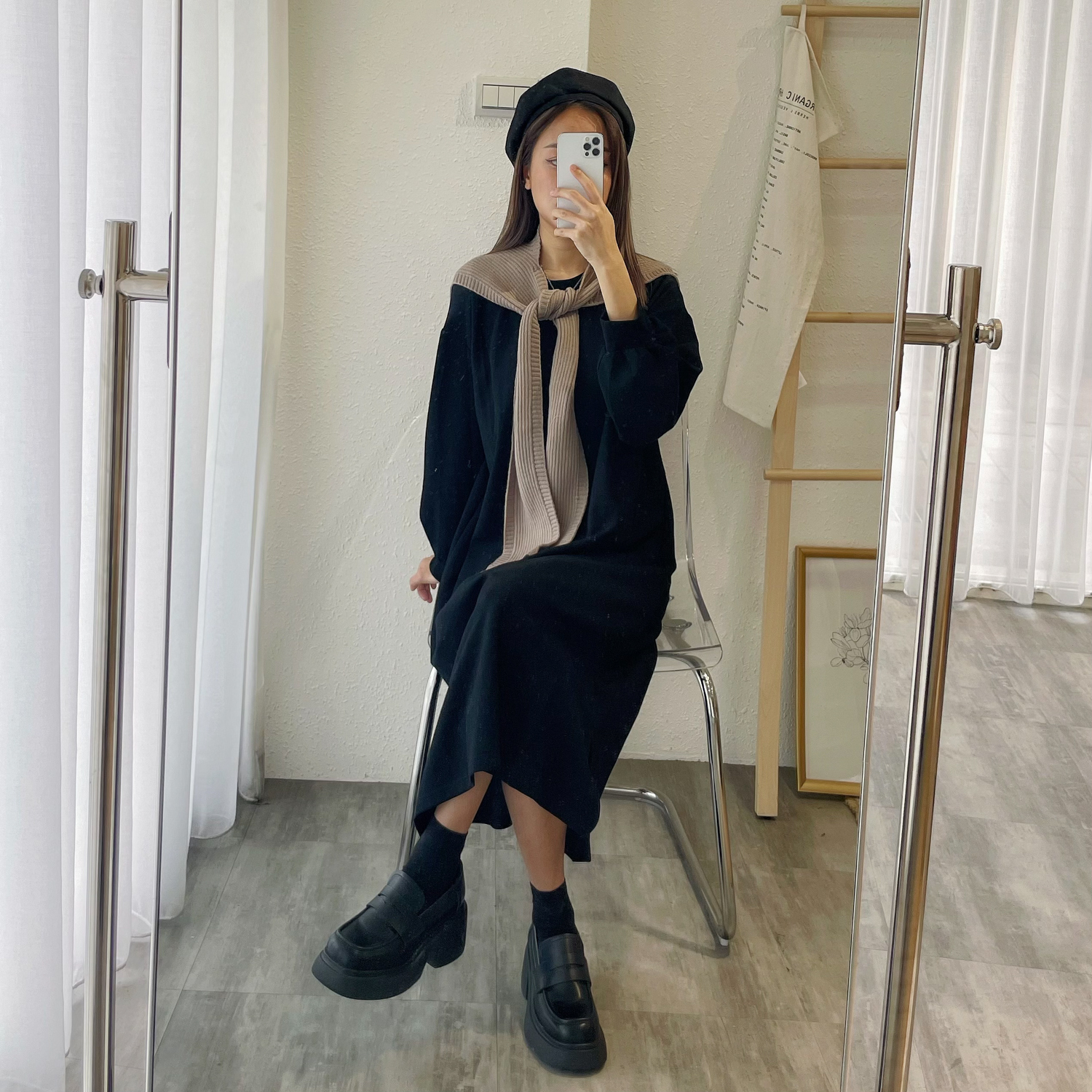 |現貨|落肩圓領長洋裝附披肩(3色)