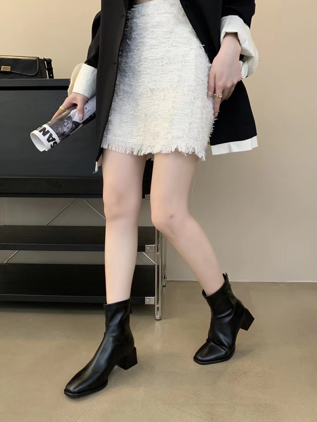 簡約素面方跟短靴(黑37)