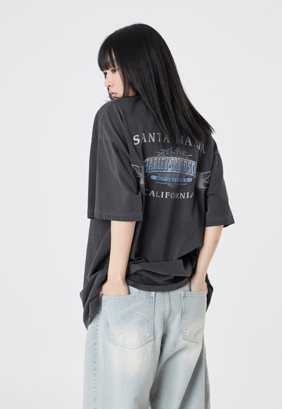 🇰🇷RAUCOHOUSE 印花 HARLEY DAVIDSON 復古 水洗仿舊 短袖 T恤 短T 樂團