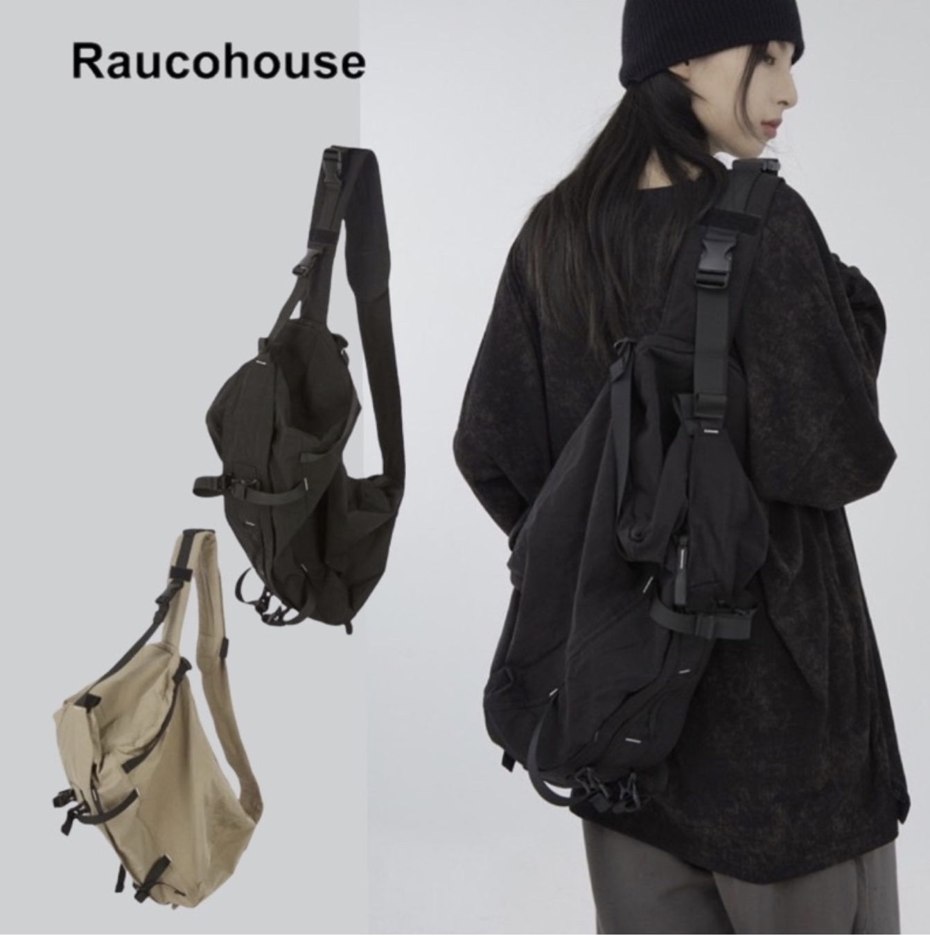 韓國 Raucohouse 戶外山系多背帶造型側背包 賽博龐克 肩包 側背包 造型包 郵差包 肩背包