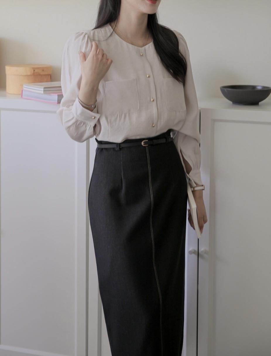 England英式初秋微單寧H字線條長裙 (2 colors) (附腰帶)