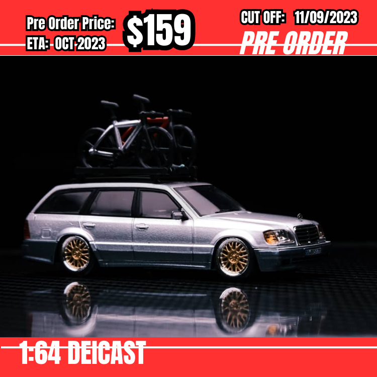 PO-$159 * Mortal * 1:64 Mercedes Benz E Class S124 Estate Silver w/gold wheels + bike [OD06/09]