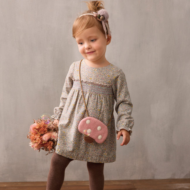 PPPY 優雅印花連身裙洋裝附可愛蘑菇小包 粉紫