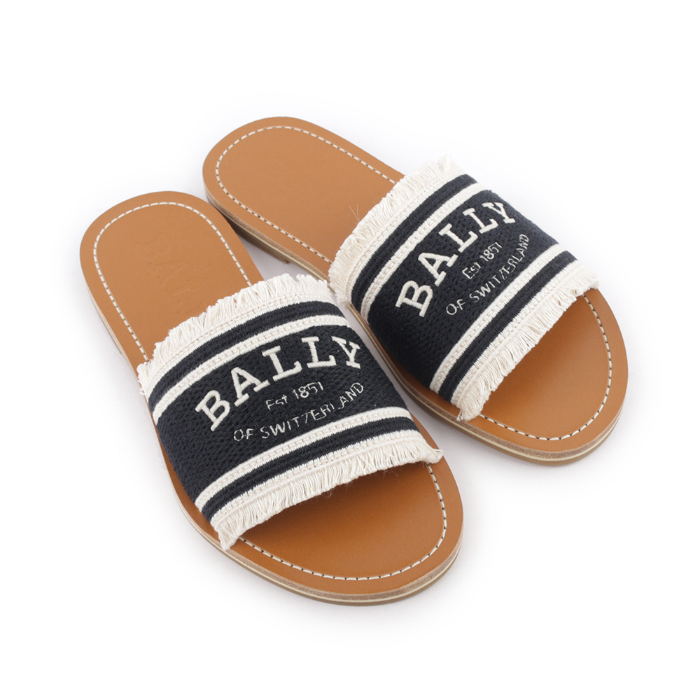 【BALLY】Bianka Logo 刺繡平底拖鞋(黑色/骨白色) 6302817