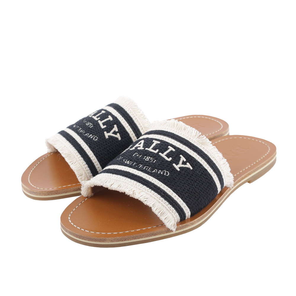 【BALLY】Bianka Logo 刺繡平底拖鞋(黑色/骨白色) 6302817