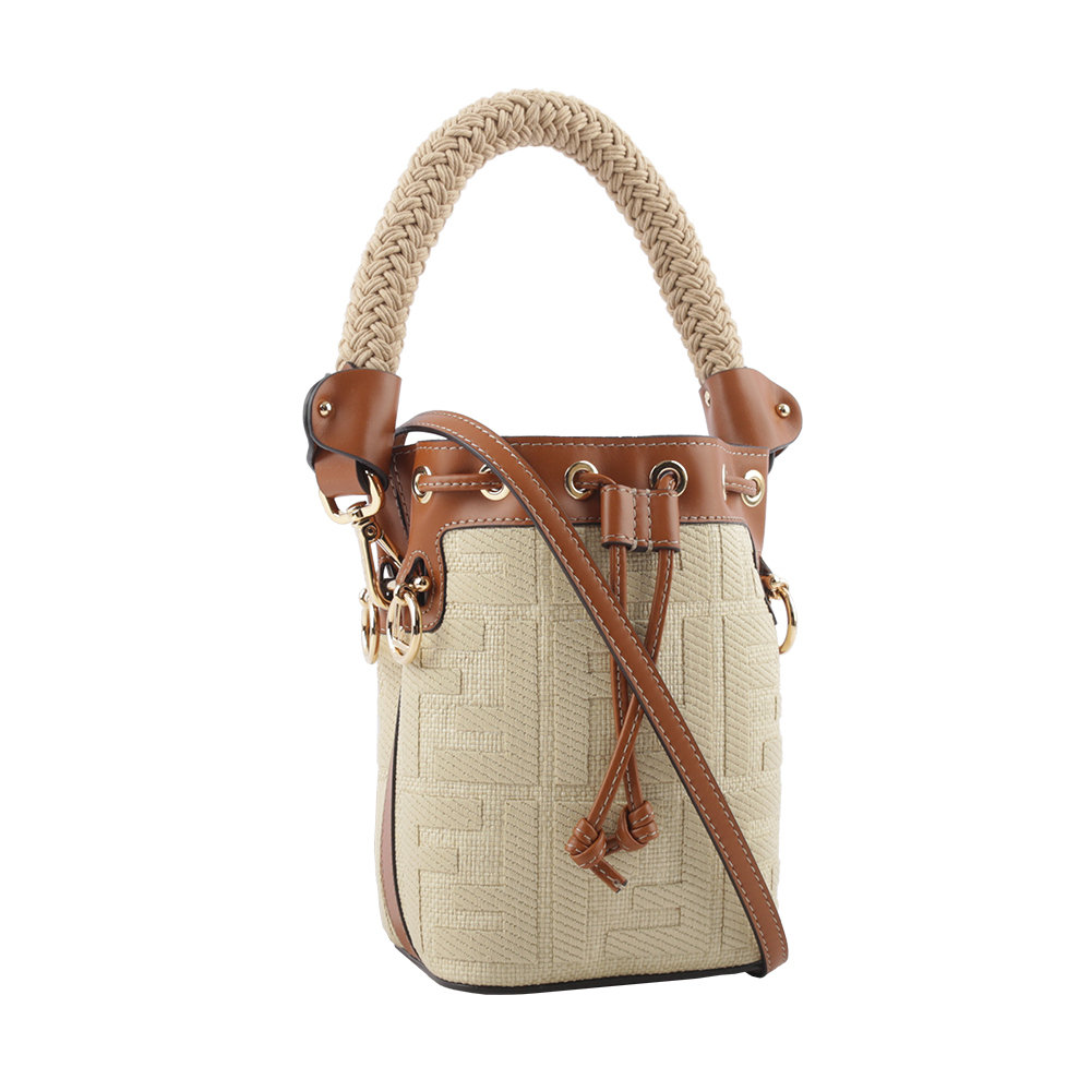 【FENDI】MON TRESOR FF Logo 刺繡草編提把二用迷你水桶包