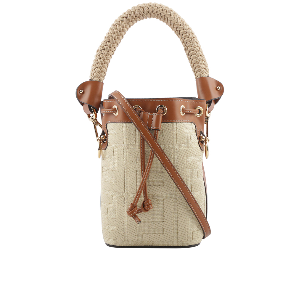 【FENDI】MON TRESOR FF Logo 刺繡草編提把二用迷你水桶包