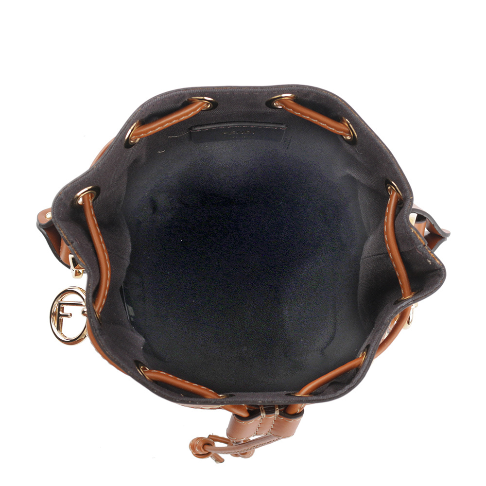 【FENDI】MON TRESOR FF Logo 刺繡草編提把二用迷你水桶包(米色) 8BS010 AP4M F1LMM