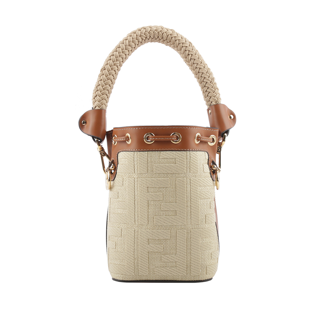 【FENDI】MON TRESOR FF Logo 刺繡草編提把二用迷你水桶包(米色) 8BS010 AP4M F1LMM