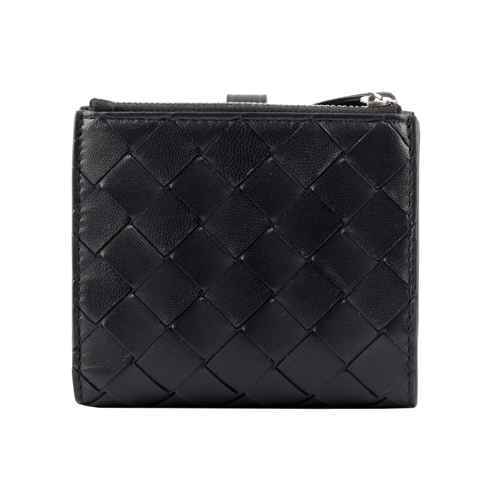 【BOTTEGA VENETA】新款銀釦小羊皮編織釦式零錢袋短夾(黑色) 600270 VCPP3 8803
