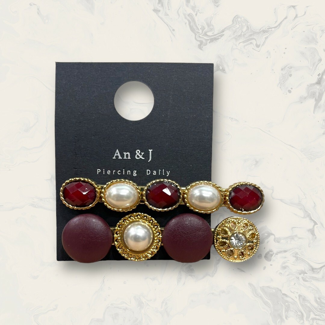 韓國直送髮飾 中鋯金簍空圓+皮面圓+金框中珍珠+金邊橢圓鋯 髮夾 二件組 2色