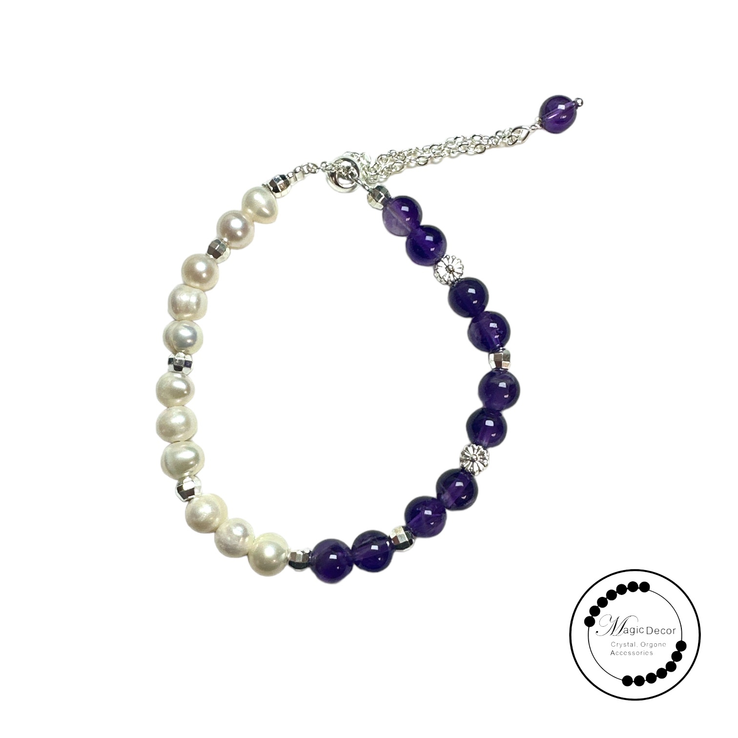 0911-d34 半珍珠+半巴西紫水晶設計款拉伸手鏈