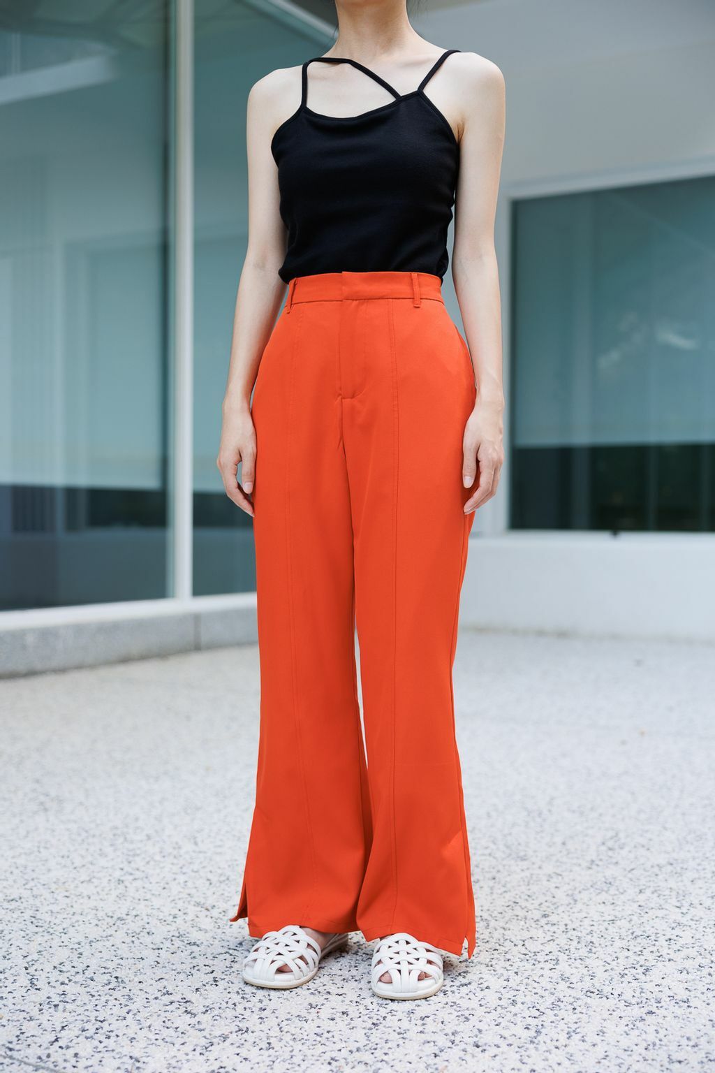 斜紋側開衩喇叭褲(兩色-紅緋)