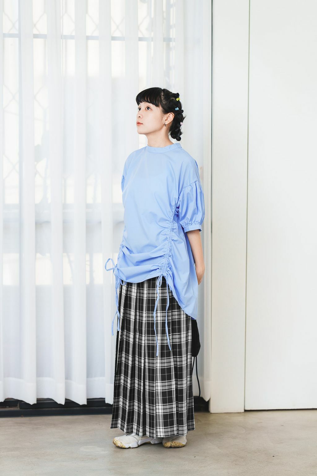 色織格紋大百褶裙(兩色-黑)