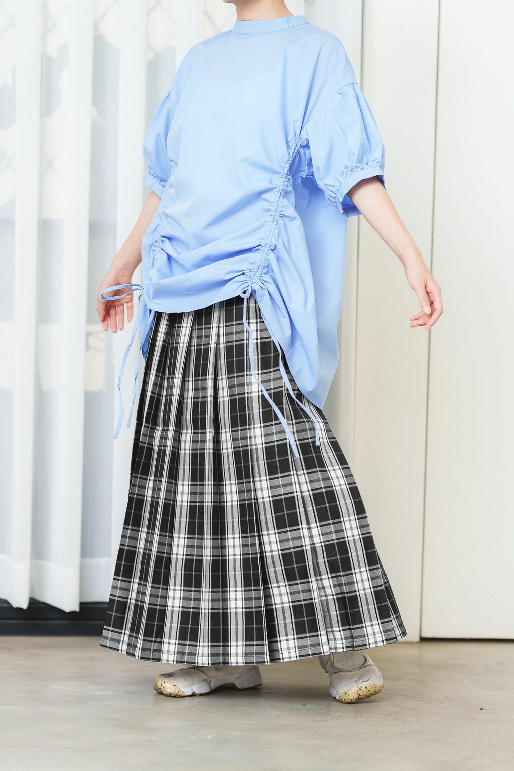 色織格紋大百褶裙(兩色-黑)