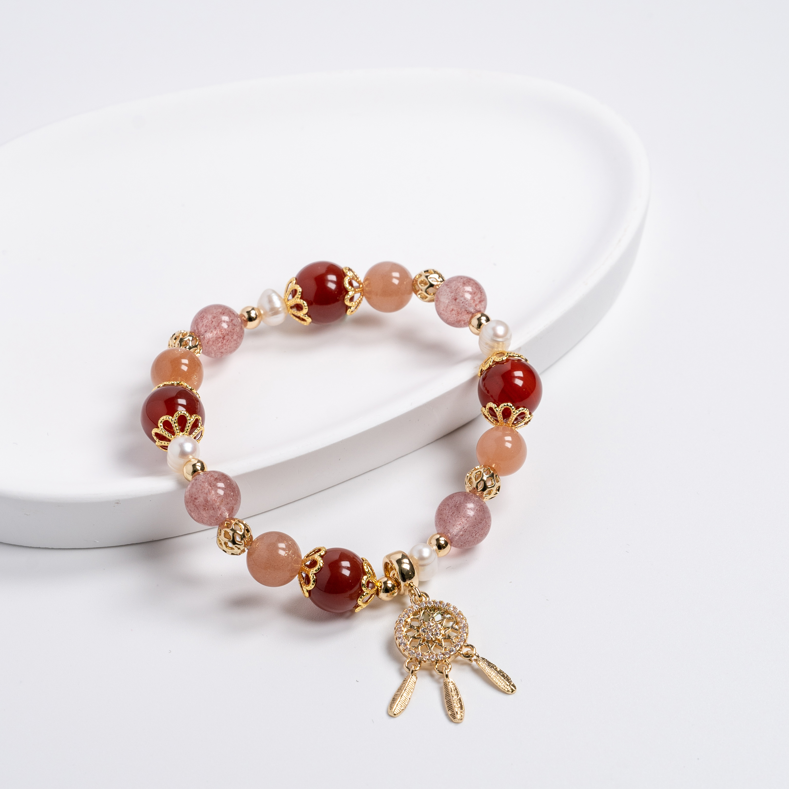 【主水晶】紅瑪瑙石【輔水晶】太陽石、草莓晶、淡水珍珠