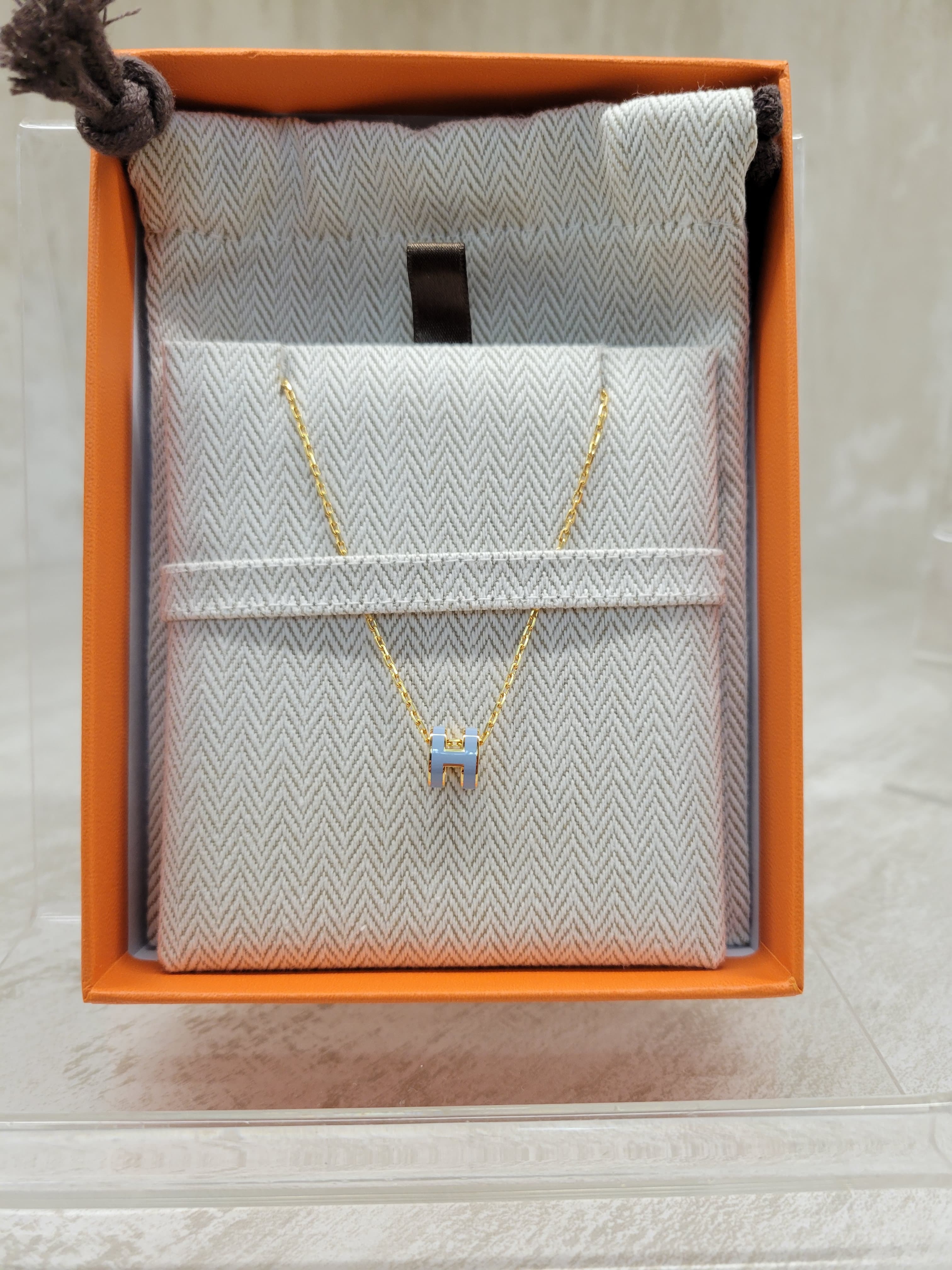 Hermes mini pop h PENDANT bleu lin F  頸鏈 亞麻藍 金