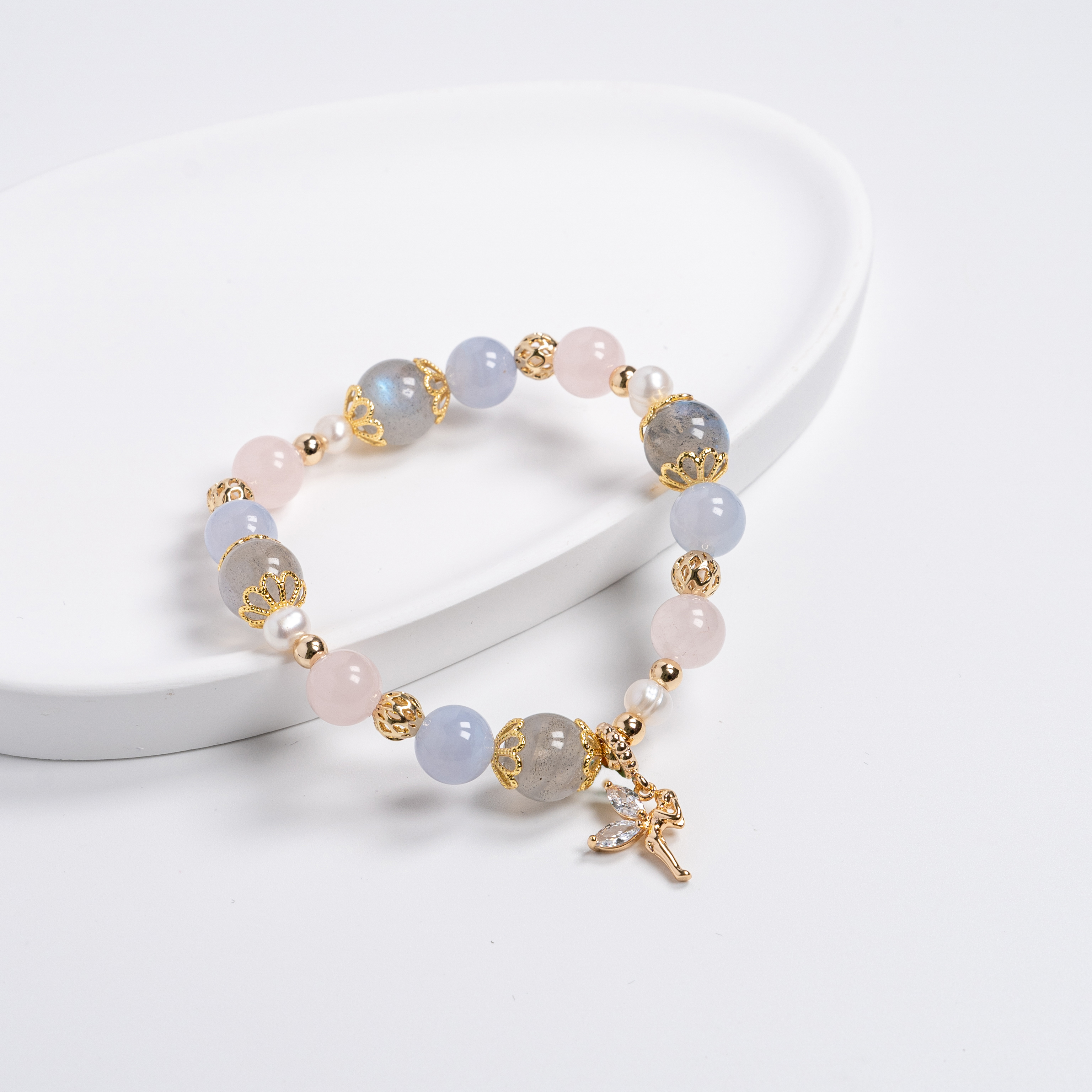 【主水晶】拉長石【輔水晶】藍紋瑪瑙、粉水晶、淡水珍珠