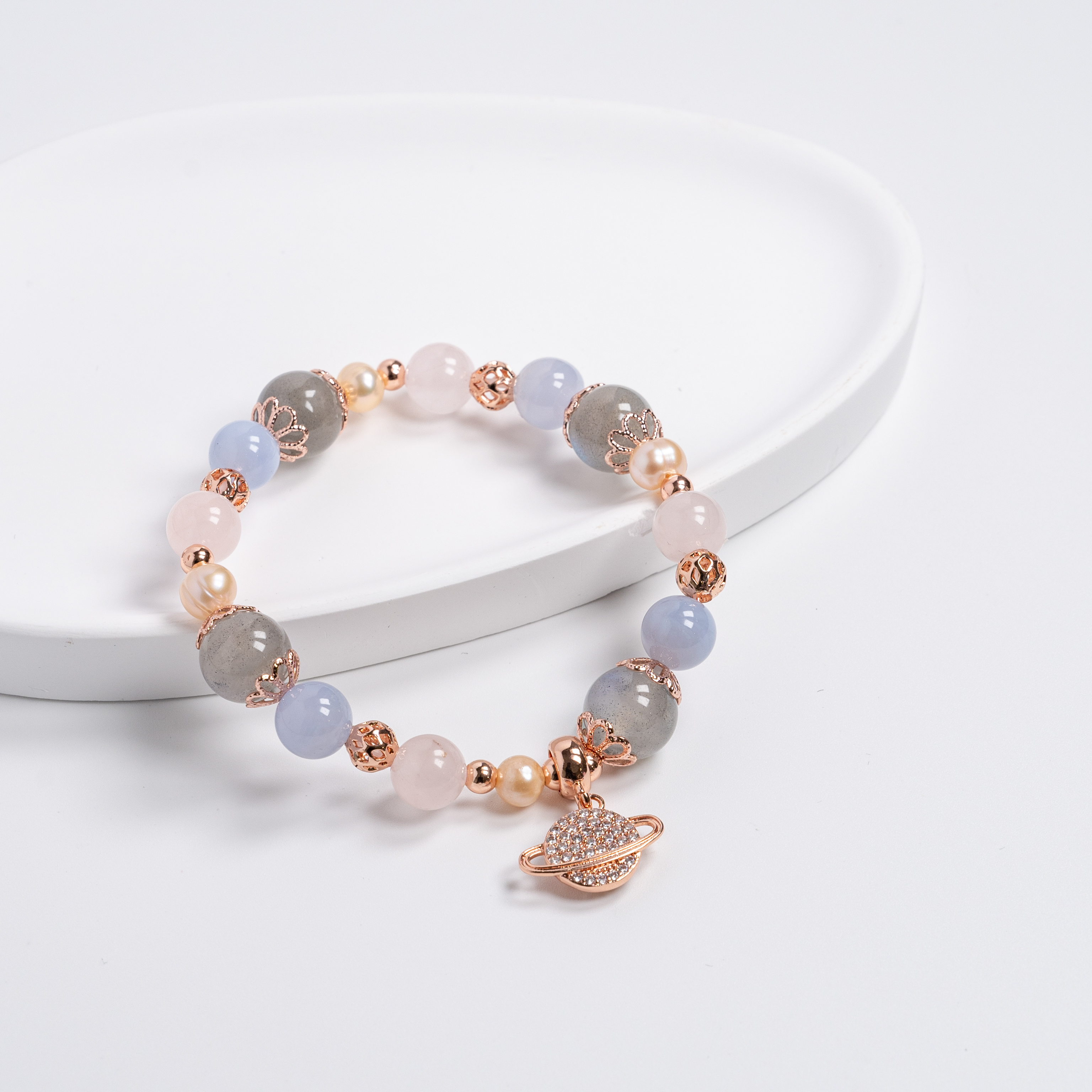 【主水晶】拉長石【輔水晶】藍紋瑪瑙、粉水晶、淡水珍珠