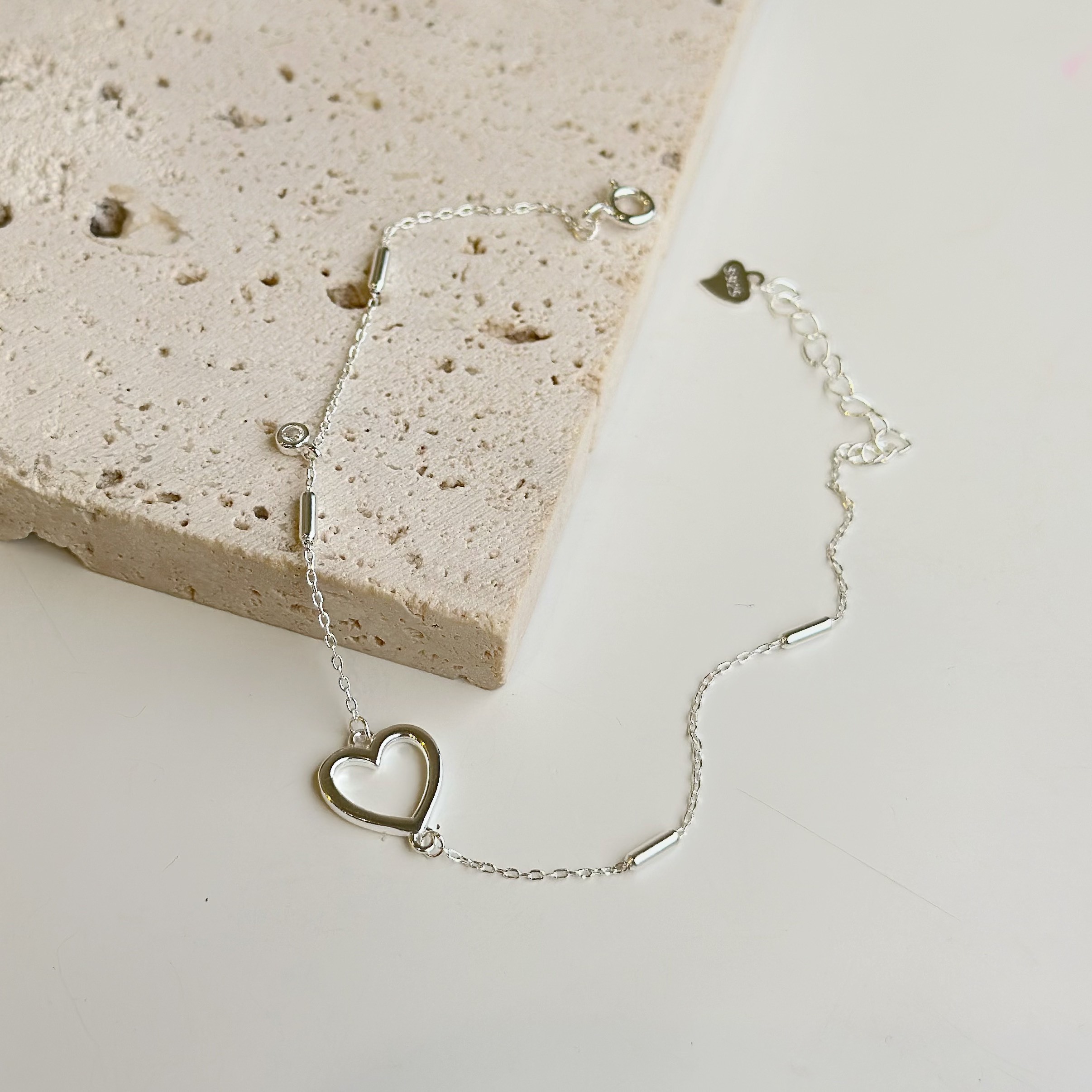 空心．愛心小鑽純銀手鍊