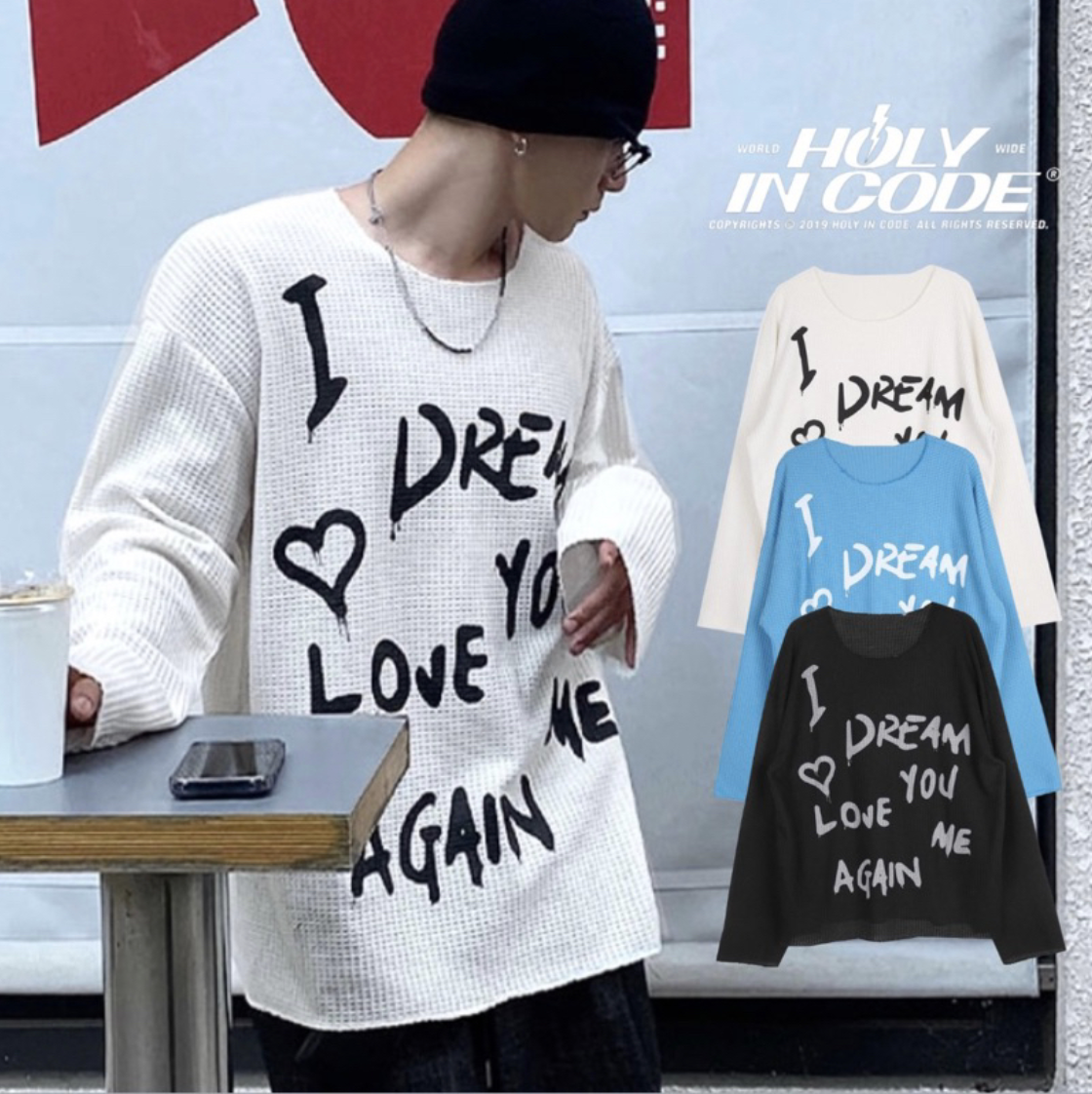 🇰🇷韓國 HOLYINCODE 塗鴉 慵懶華夫格長袖 標語 薄長袖（3COLOR）