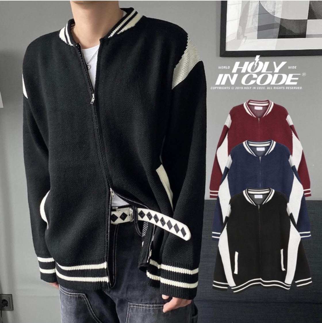 🇰🇷韓國 HOLYINCODE （SALE) 槍背帶撞色針織外套 針織 長袖 外套 （3COLOR）